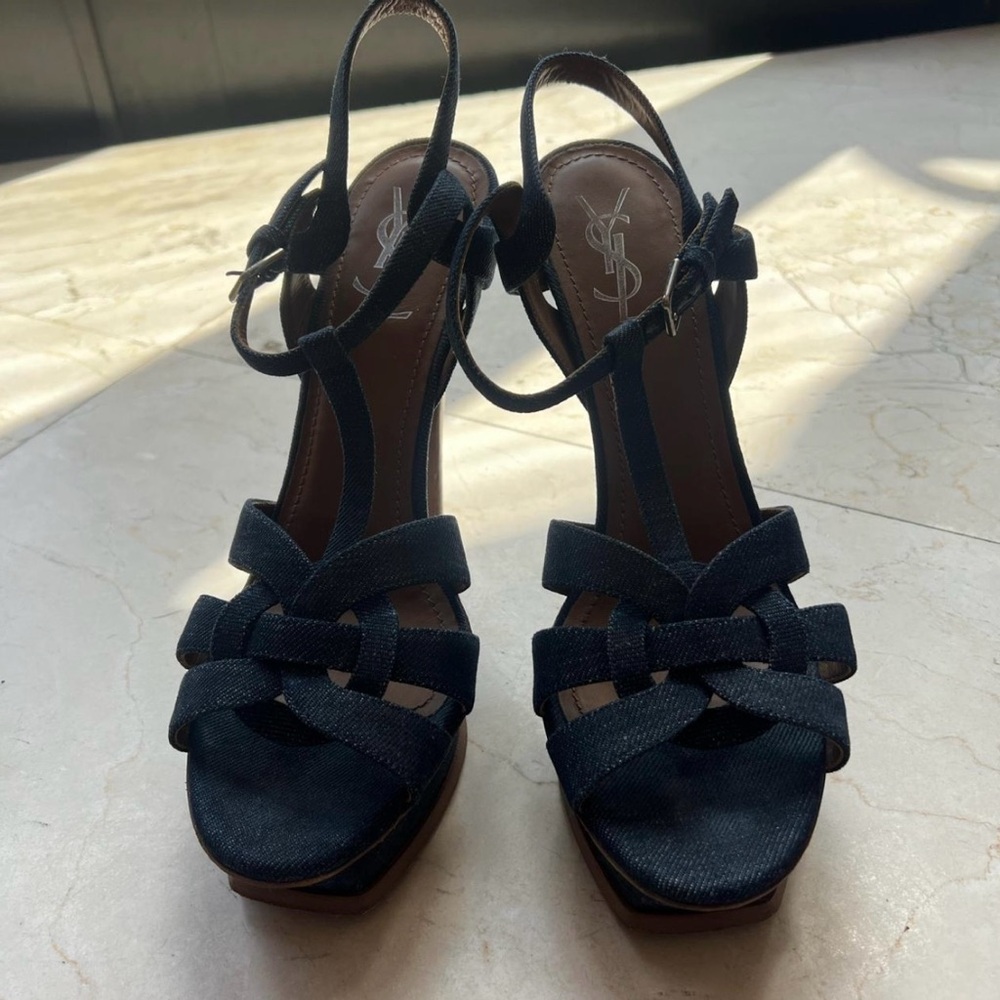 Yves Saint Laurent denim tribute heels with wooden heel